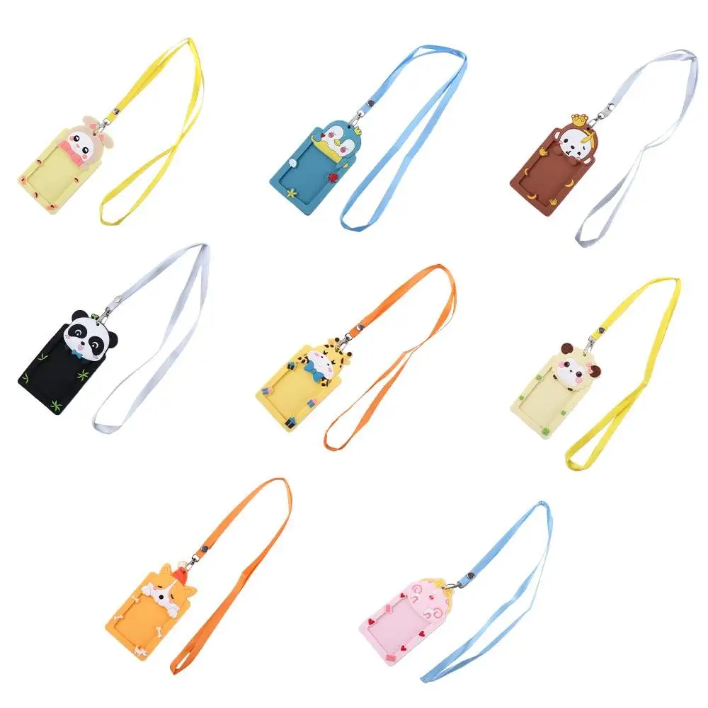 Cute Animal Bus Card Name Card with Rope Work Card Protector Cover Silicone ID Badge Card Holder
