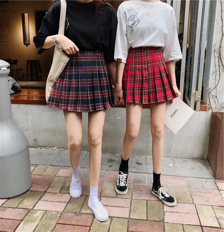 Women's Plaid Pleated Mini Skirt, Red, Enlarge Size, High-waisted, Chequered, Sexy, Sweet, A-shaped, New, Autumn, M-4XL