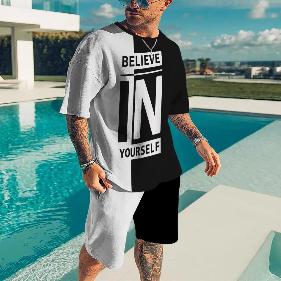 New Summer Men's Tracksuit Believe in Yourself T-shirt Shorts Set Sport Outfit Jogging Suit Oversized Clothes Outdoor Streetwear