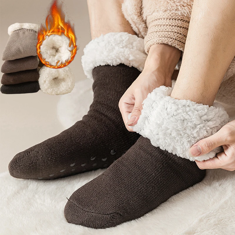 Winter Christmas Plush Lined Slipper Men Socks Comfy Warm Mid Tube Sock Warm Thickened Home Sleeping Soft Non Slip Floor Sox