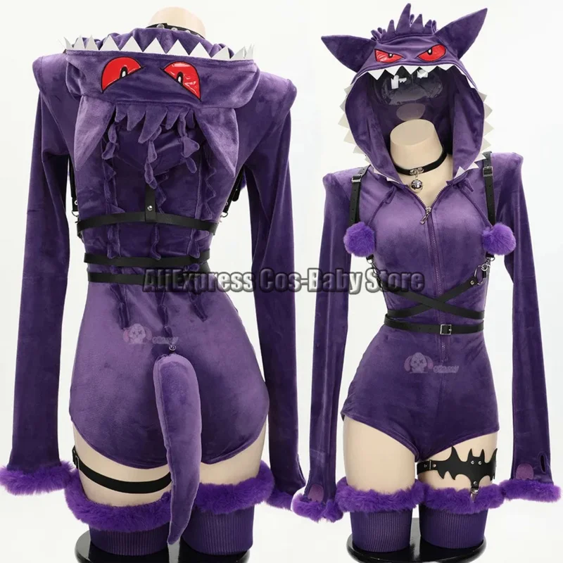 

Anime purple ghost sexy romper cosplay costume Halloween cartoon plush pajamas for Women girl kawaii bodysuit plush hooded socks