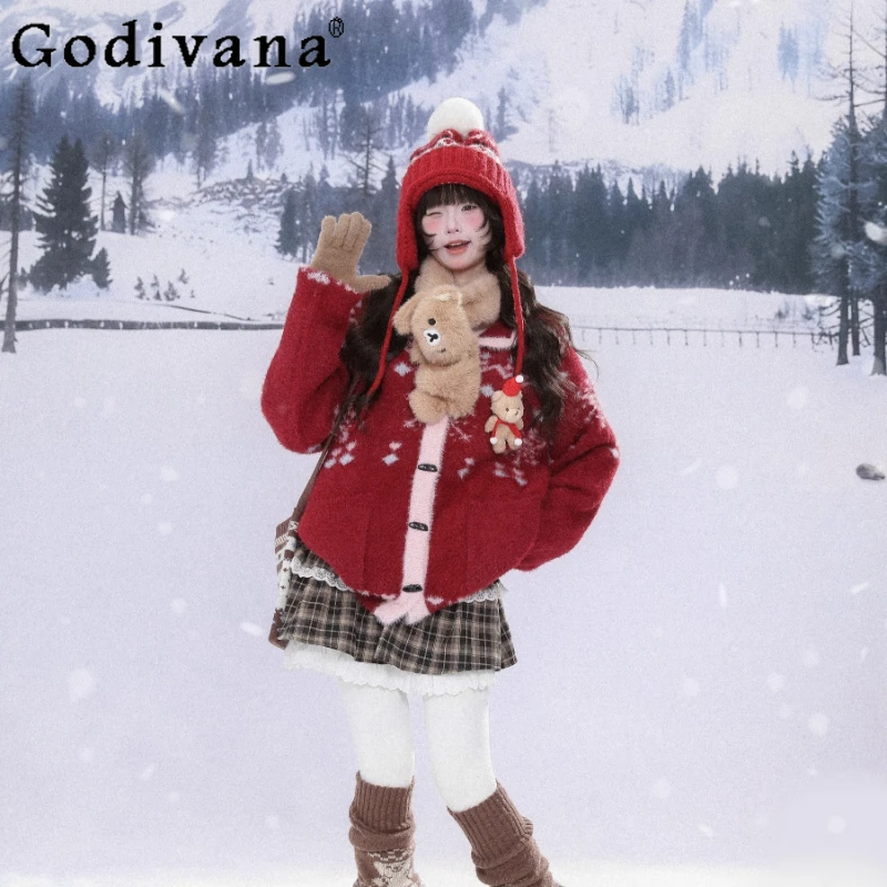 المخملية عيد الميلاد سترة حمراء المرأة الشتاء سميكة الدافئة سترة معطف الإناث النمط الياباني الحلو فضفاض سترة متماسكة #6