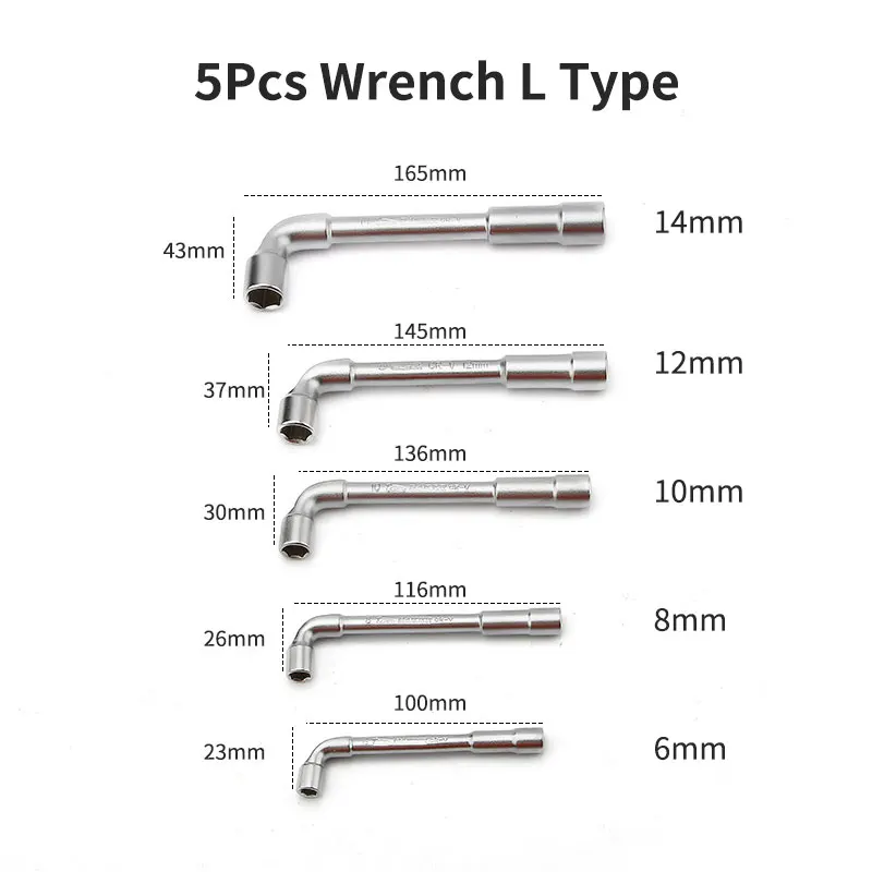 5Pcs Crv Frosted Surface Pipe Wrench L Type 7-Shaped Perforation Elbow Double Head Hexagon Socket Wrench Set 6 8 10 12 14mm