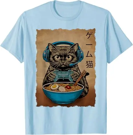 Gamer-Katze Lustige Geschenke für Teenager Jungen Japanische Ramen-Katze Gaming T-Shirt Y2k Anime Kätzchen Nudeln Essend Maga Grafik Kleidung Comic Tee – Detail 6