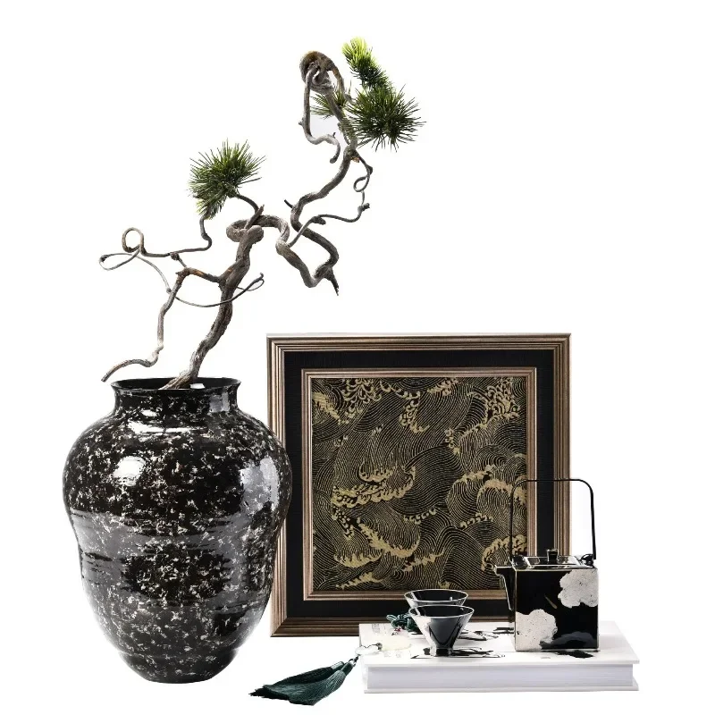 New Chinese modern, light luxury high-end handmade porcelain, flower ware, black gold handmade lockers