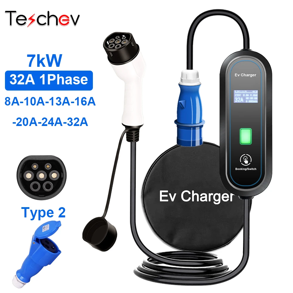 Teschev Portable EV Charger Type2 32A 7KW EVSE Adjustable Current Type1 Wallbox Fast Charging GBT Cord Charging Station