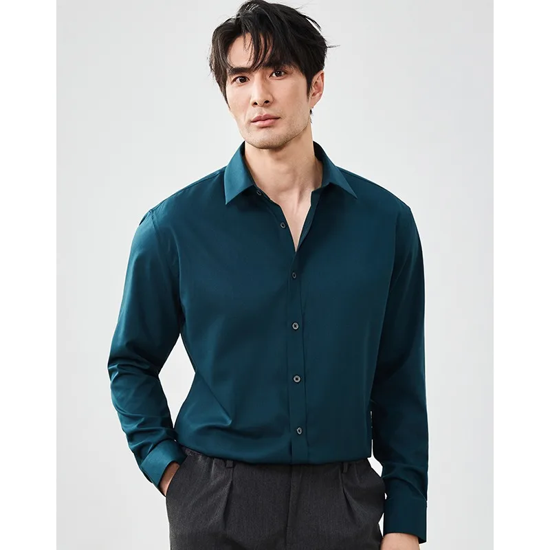 High Quality Mulberry Silk Shirt Men's Bamboo Fiber Business Casual Formal Shirt Slim Fit Long Sleeve Social Work Shirts