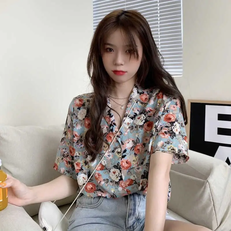 

Floral Print Short Sleeve Shirt Women's Retro Hong Kong Style Summer New Korean Version Versatile Design Unique Top