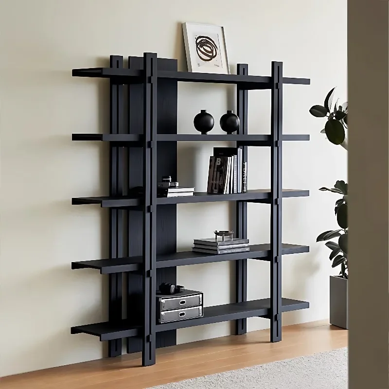 Black solid wood bookshelf floor rack living room wall display storage  home custom multi-layer storag