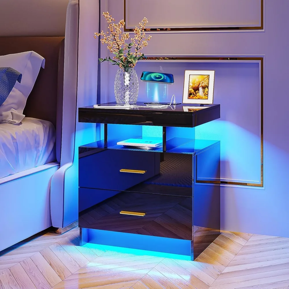 Auto LED Nightstand with Wireless Charging Station & USB Ports,High Gloss Bedside Tables with 2 Drawers,Floating Nightstan