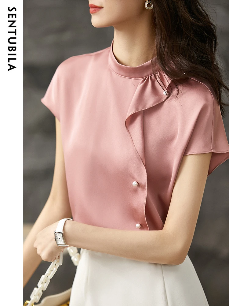 SENTUBILA Elegant Chiffon Tops Blouse for Women 2024 Summer Fashion Office Lady Stand Collar Ruffles Shirts & Blouses 122V42220