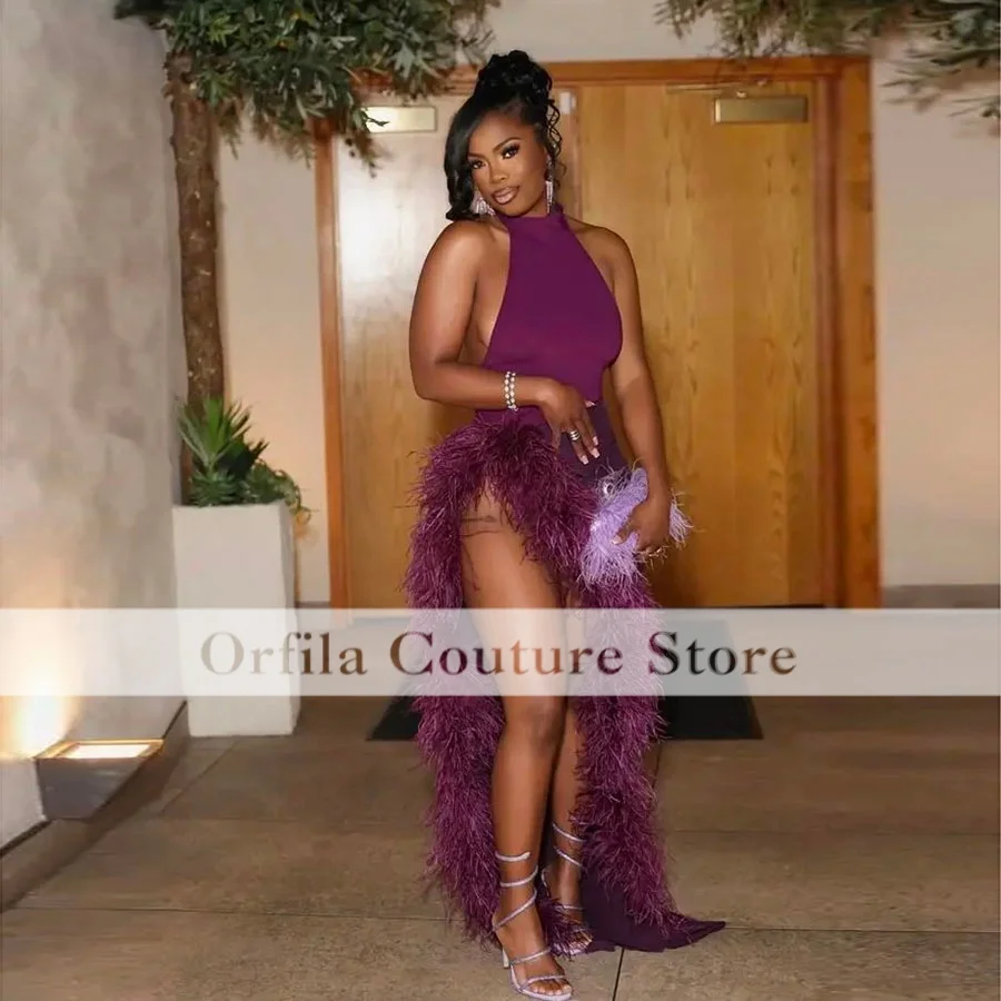 Sexy Slit African Evening Party Birthday Gowns Halter Neck Prom Dresses With Feathers Vestido De Festa Customized view 2