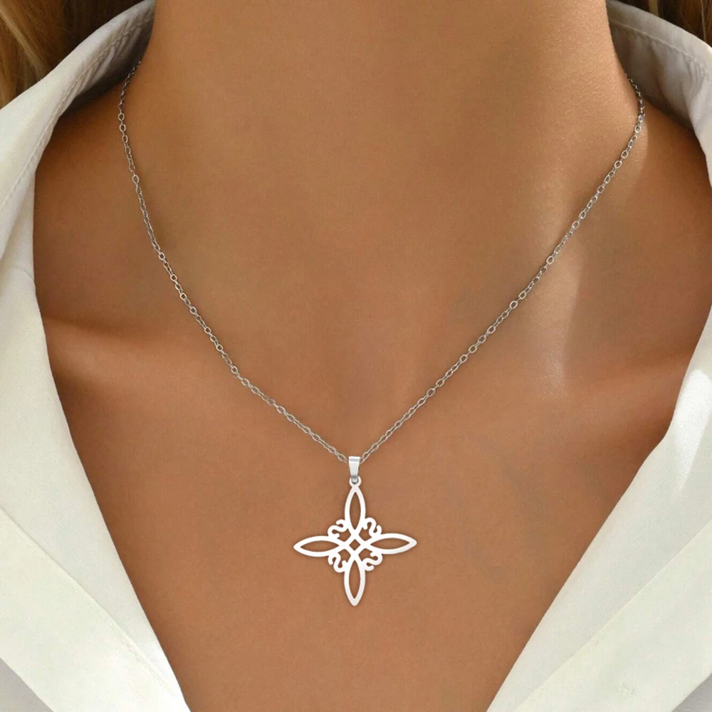 DGIDDK Stainless Steel Hollow Witch Knot Irish Knot Pendant Necklace Women's Fashion Unique Design Collarbone Chain Jewellery