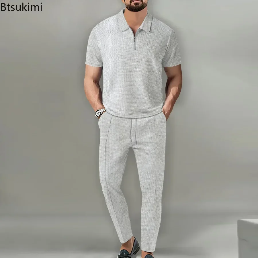 New 2026 Men's Waffle Sets Fashion Short Sleeve Half Zipper Lapel Pullover and Pants Two-piece Comfort Casual Sport Suit for Men