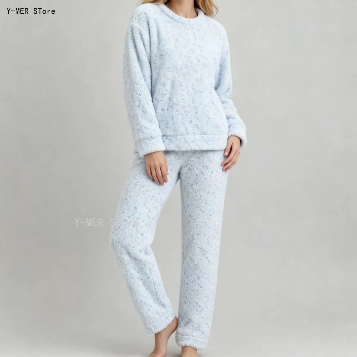 Conjunto de pijama de 2 piezas de forro polar microligero moteado para mujer, estilo fresco, top de manga larga y pantalones rectos, ropa para el hogar, invierno
