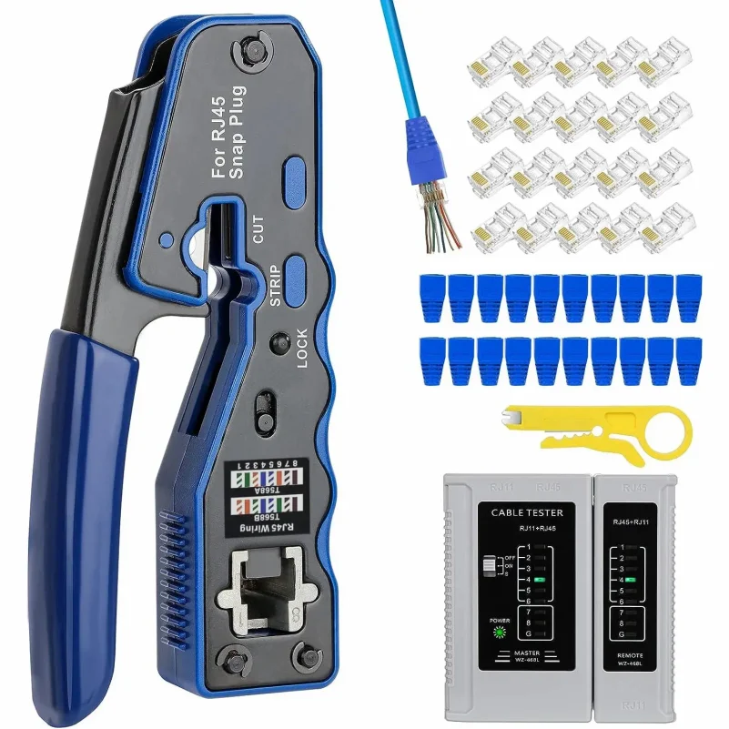 

RJ45 CAT6 Crimping Tool Kit with Pass Through Connector,Boots and Tester for Cat5e Cat6 UTP Ethernet Cale