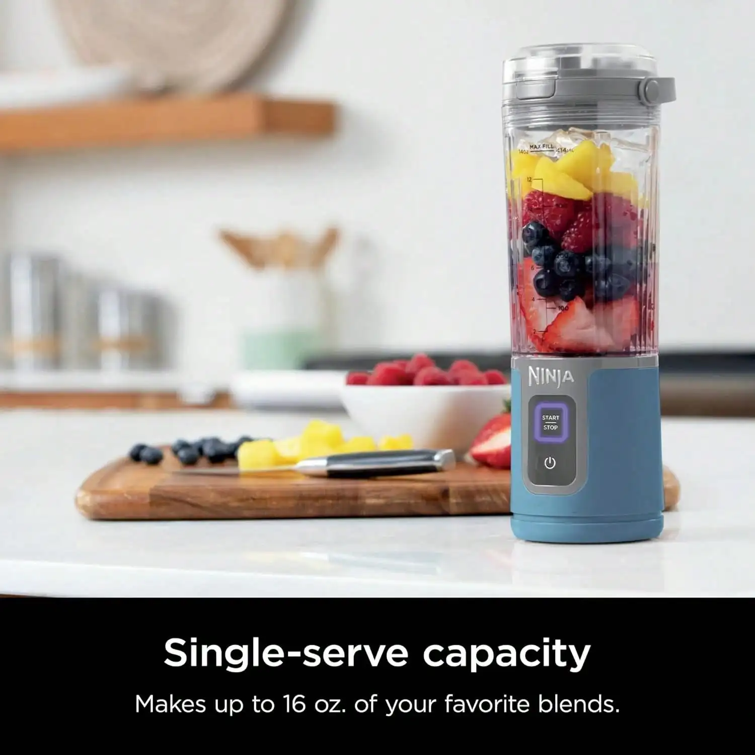 Certified Refurbished Ninja BC100NV Blast 16 Oz. Personal Portable Blender With Leak Proof Lid And Easy Sip Spout, Perfect For Smoothies, Cordless, USB-C Rechargeable (Blue)