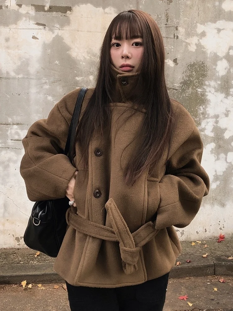 

Briti Sle Woolen Coat Women's Korean Retro Personali High-End Feeling Turn-down Collar Cotton Sandwiched Belted Coat