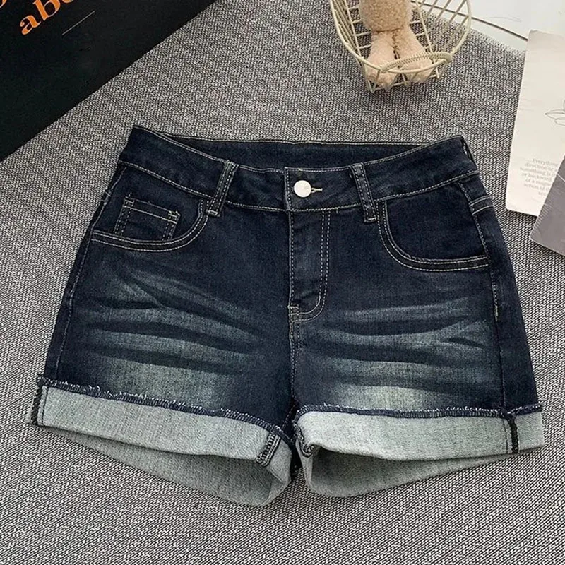 

New Deep Blue Denim Shorts for Woman Summer High Waist Slimming Edge Curl Hot Short Pants Women Sexy Skinny Stretch Short Jeans