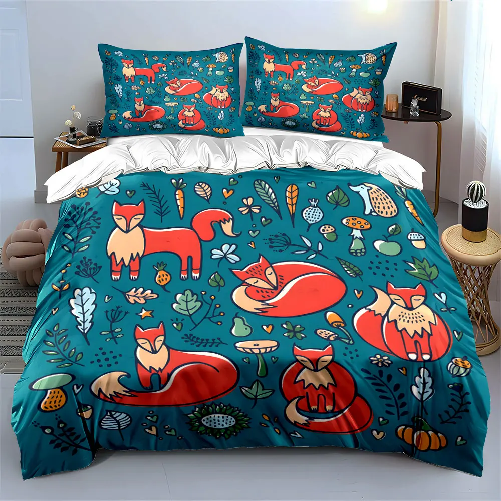 Foxes and nature illustrations. Print Bedding Set 1 Duvet Cover 2 Pillowcases for Adult and Children Luxury Gift Full Size