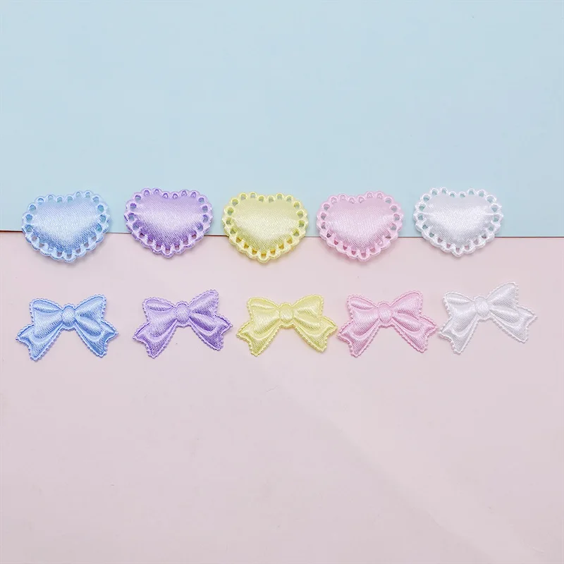 100Pcs Satin Fabric Heart Bow Padded Appliques Sew on Patches Clothes Hats Hairpin Ornament Accessories DIY Craft Embarrassment