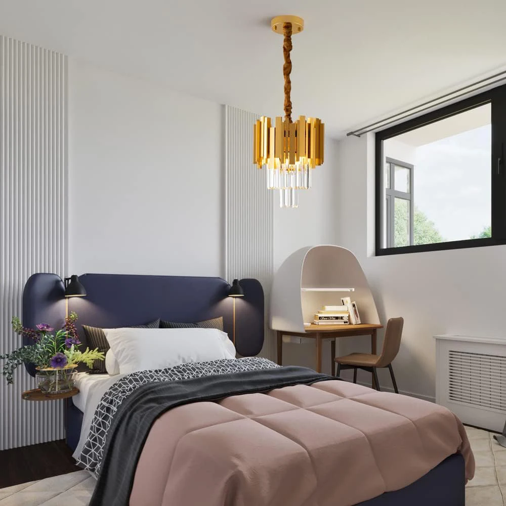 Modern Gold Round Crystal Chandelier Lighting For Dining Room Bedroom Fixtures Kitchen Island Adjustable Height Pendant Lamp