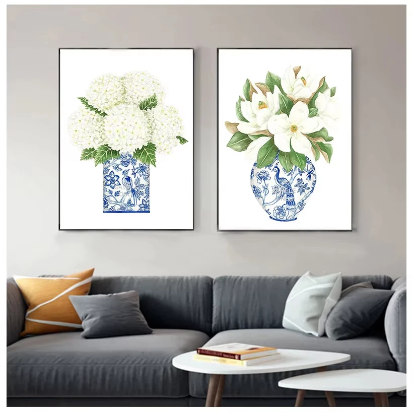 Blue and White China Magnolia Hydrangea Prints Chinoiserie Art Canvas Painting Gallery Wall Art Picture Poster Trendy Wall Decor
