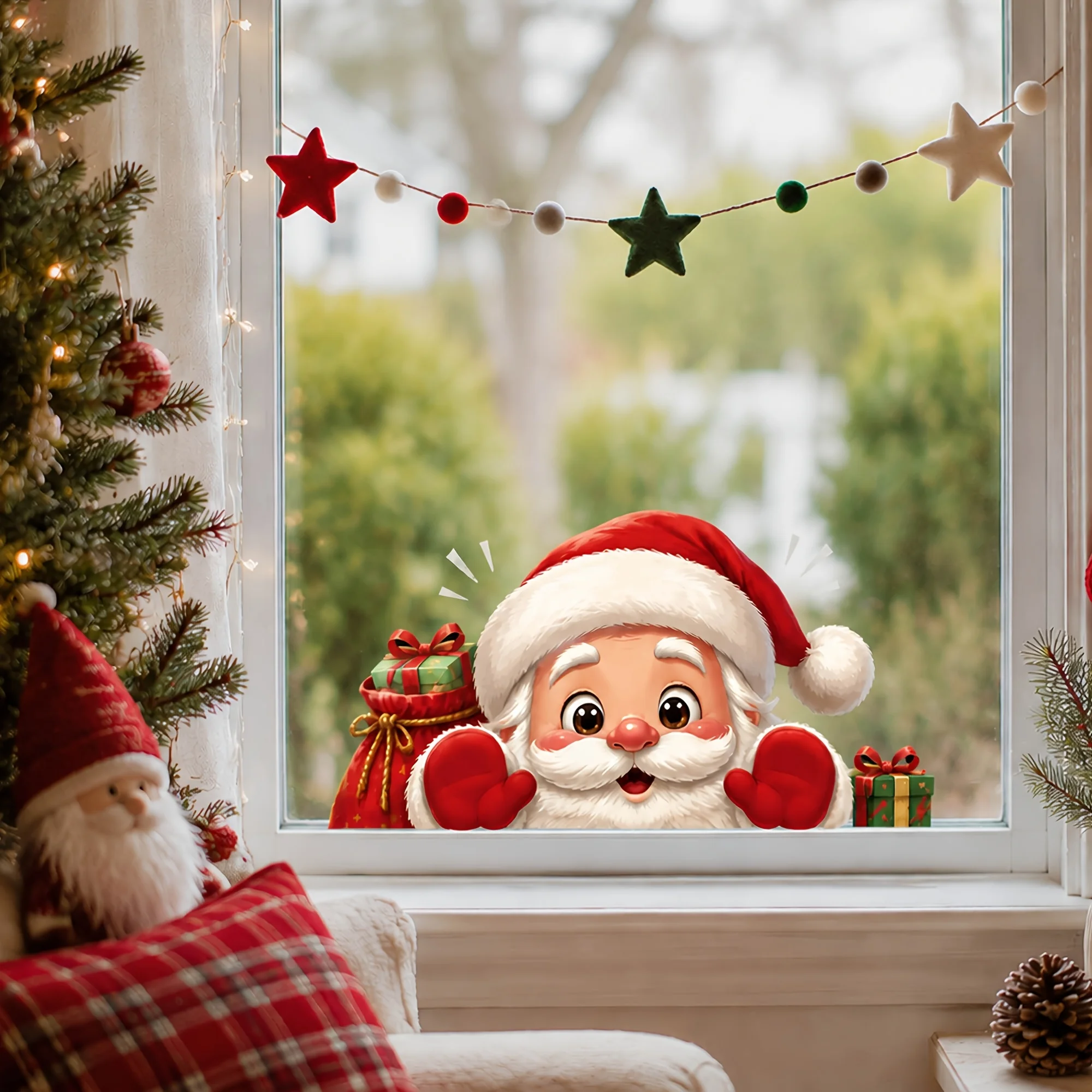 Snowflake Window Decal - Peeking at Santa Claus, Window Stickers,