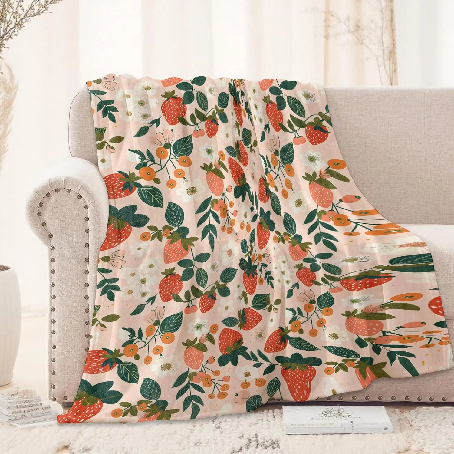 Strawberry Floral Blanket 50X60 in, Flannel Throw Blankets for Travel Camping Sofa Living Room Decor, Lightweight Cozy Soft Fuzz