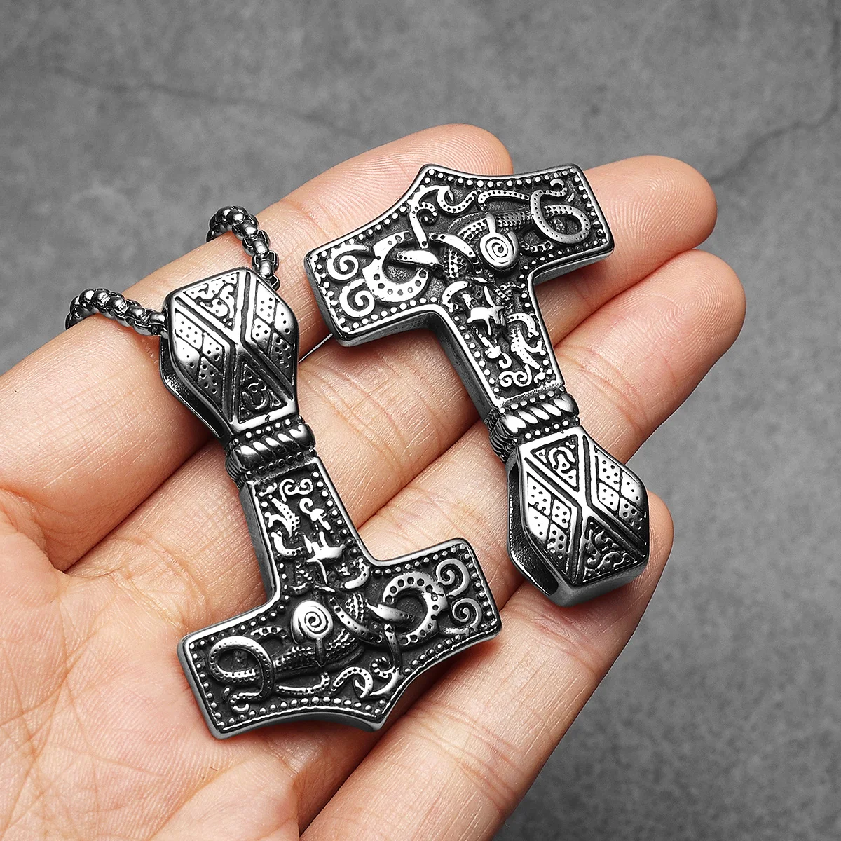 Viking Thor's Hammer Double Side Carving Men Necklaces With Pendant Stainless Steel Jewelry Male Women Punk  Accessories Gifts