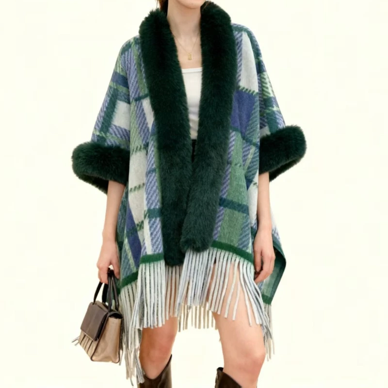 Autumn and Winter Women's Casual Cape Shawl Plaid Fringed Coat Elegant Party Versatile #2