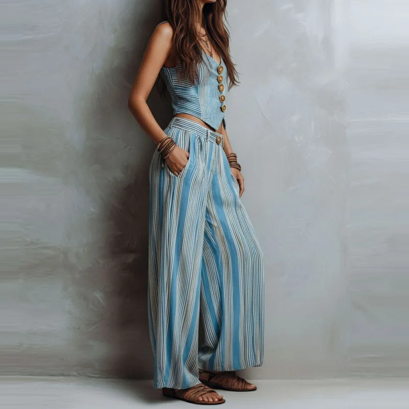 Summer 2026 Casual Stripe Patterned Wide Leg Pants And Vest Set Women's Leisure Fashion Commute Style Four Seasons Suitable