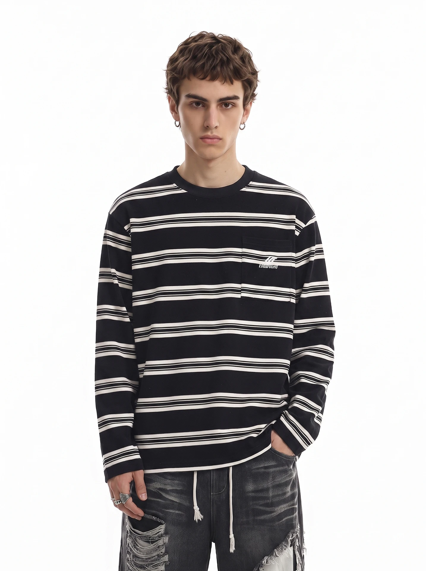 BETEBULE American High Street Striped Color Block Long Sleeve T-Shirt Men's Loose Lazy Style Korean System Autumn Top