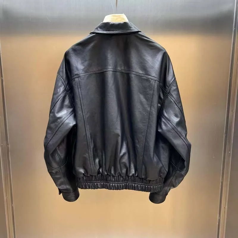 Naturalna kurtka damska z prawdziwej owczej skóry, płaszcz jesienno-zimowy, krótki, zamszowa skóra, kołnierz wykładany, odzież wysokiej jakości.