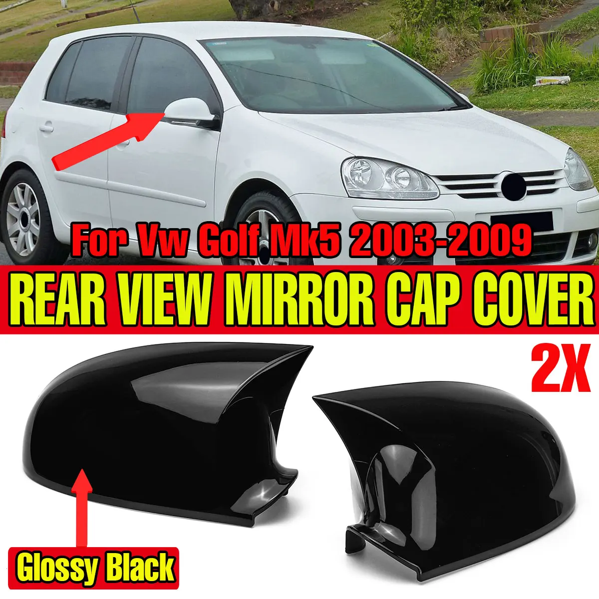Glossy Black Pair Rearview Mirror Cover Wing Side Mirror Caps For Volkswagen Golf 5 MK5 GTI Jetta 5 2003-2009
