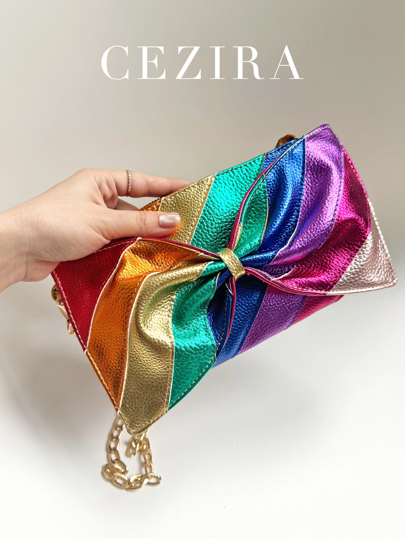 CEZIRA Luxury Metallic Vegan Leather Handbag Colorful Stripes Patchwork Sweet PU Bow knot Clutch Metal Chain Crossbody Bag Funky