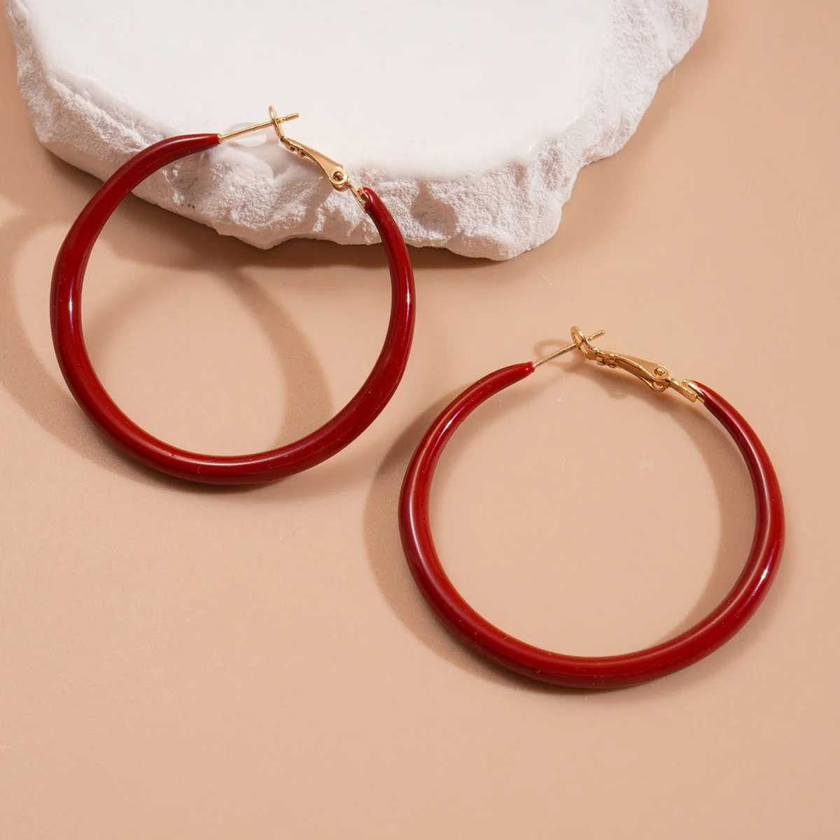 Trendy Glossy Red Enamel Big Hoop Earrings, 5CM Large Round Click‑Top Circle Hoop Earrings, Bold Iron Metal Statement Earrings Women Fashion Jewelry