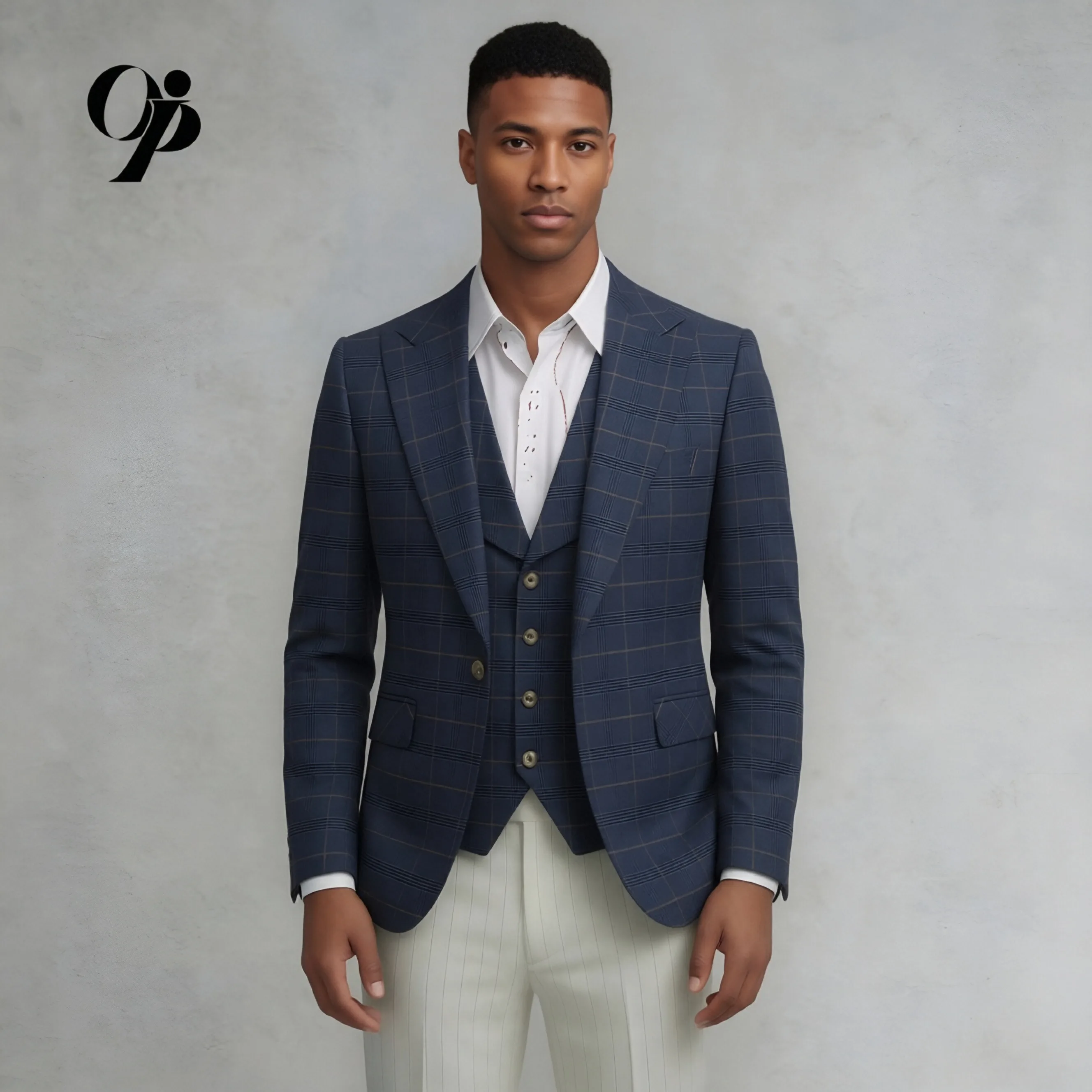 

Men's Navy Blue Plaid 3-Piece Suit Slim Fit - Formal Wedding Groom Jacket + Vest + Pants