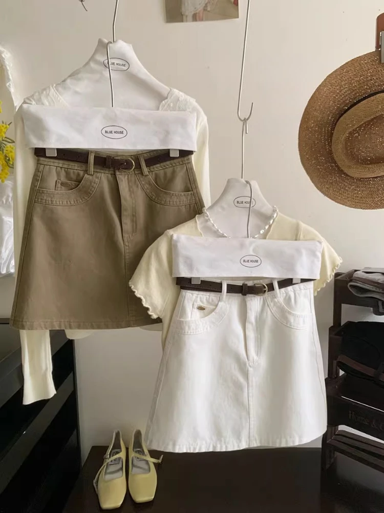 

High Waist A-Line Denim Mini Skirt with Belt Vintage-Inspired Casual Chic Summer Staple A Line Pocket Skirt