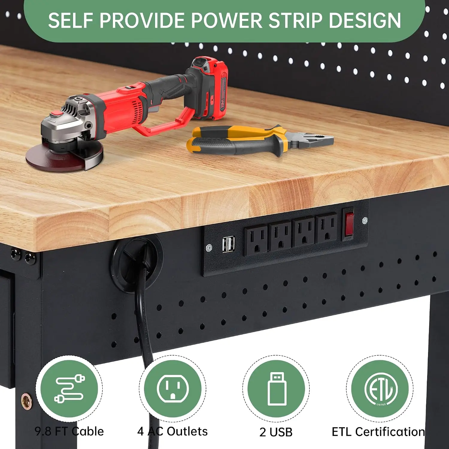 Tacleekii 48x24inch Adjustable Workbench with Drawer & Pegboard Garage Workbench Heavy Duty Hardwood Workbench, Lockable Casters, Power Outlet,Movable Garage Work Table for Garage Shed Workshop