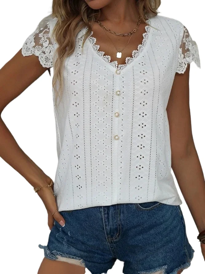 

Summer Solid Color Tops Elegant Women Lace Hollow V-neck Short Sleeve T-shirt Office Ladies Pullover Basic Tees Casual Clothes