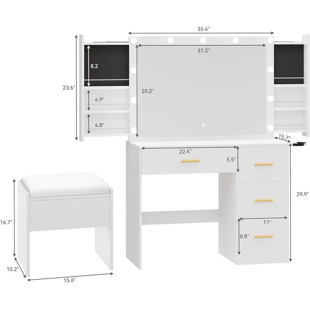 DAFIFY Lighted Mirror Vanity Table with Cushioned Stool, 4 Drawers, Hidden Jewelry Organizer, 3-Mode LED Lighting