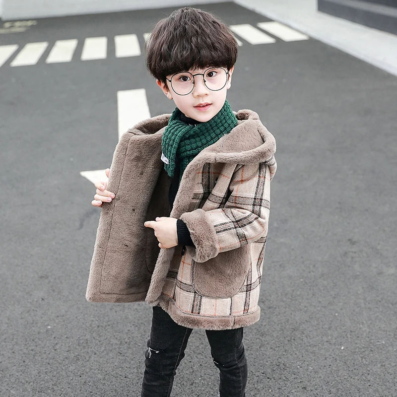 

Autumn Winter Boys' Fce Lined Woolen Coat Medium Length Thi Plaid Niece's Outerwear Warm Trendy Youth Stand Fit