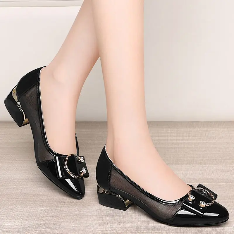 Soft Leather Office Work Shoes Women's Four-season Versatile Medium Heel Shoes Thick Heel Shallow Professional Leather Shoes