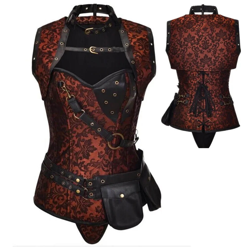 Steampunk Clothing Corset Tops Gothic Leather Steel Boned Overbust Bustier Corselet Vest for Women Cosplay Knight Pirate Costume