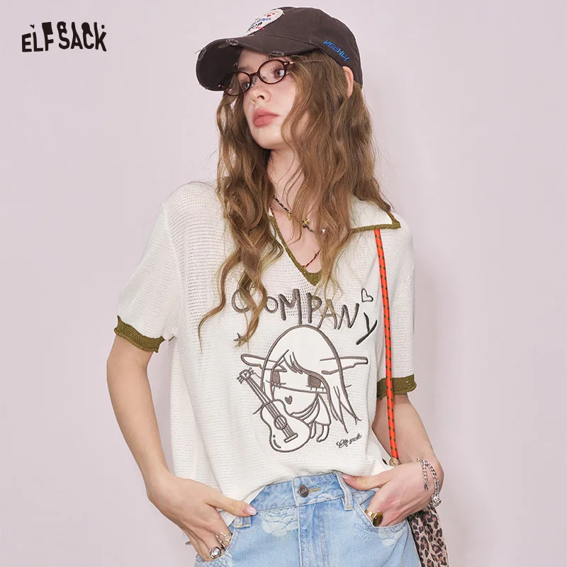 

ELFSACK 2025 Summer New Arrival Casual Notched Collar Structured Shoulder Short Sleeve Knit Blouse for woman