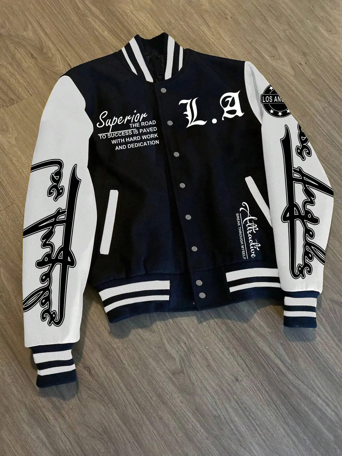 Men's Black and White varsity jacket with graphic print, casual streetwear style for fall