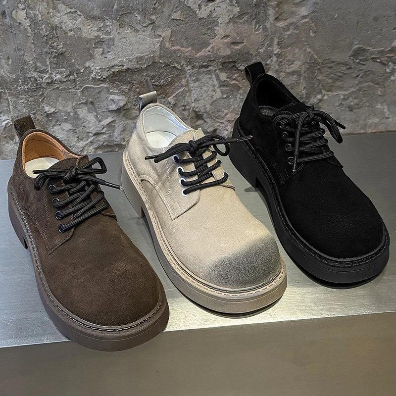 Retro Men Derby Shoes Multicolor Suede Men' Lace-up Thick-soled Durable Casual Leather Shoes Sizes 38-46 Men Shoes