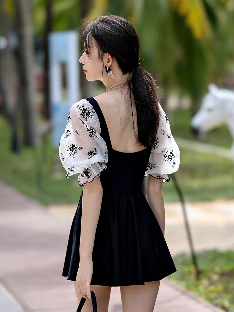 XL-5XL Elegant Sweet Swimsuit Women 2025 New Large Size Printed Conservative Dress Cute Bow Pool Seaside Vacation Black Swimwear