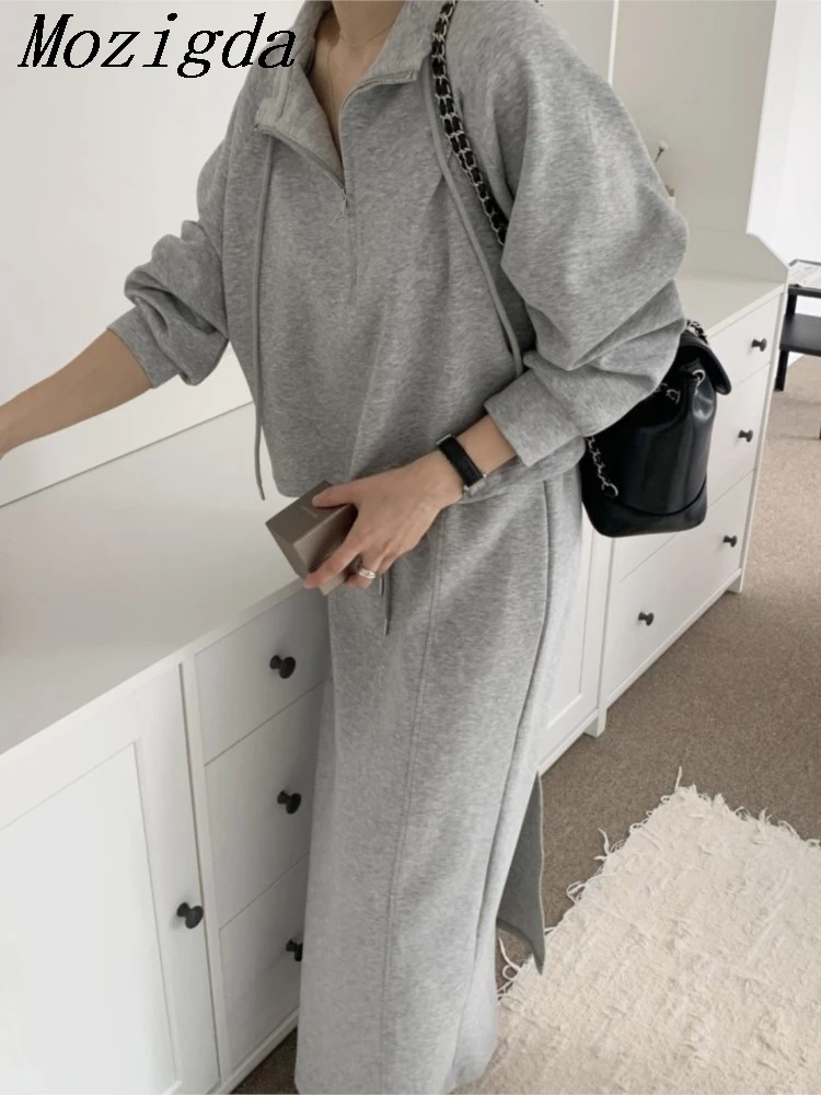 

Autumn Winter Grey Casual Set Women'S Half Zipper Drawstring Hoodie Paired With Straight Tube Skirt Two-Piece Set